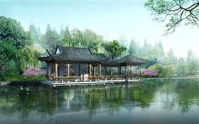 Conception 3D, jardin, gazebo, un lac, lotus HD Fonds d'écran