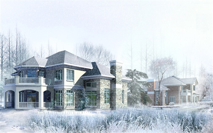 Conception 3D, maison, hiver, neige Fonds d'écran, image