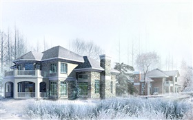Conception 3D, maison, hiver, neige
