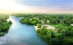 3D conception, rivière, parc, des arbres, des oiseaux HD Fonds d'écran