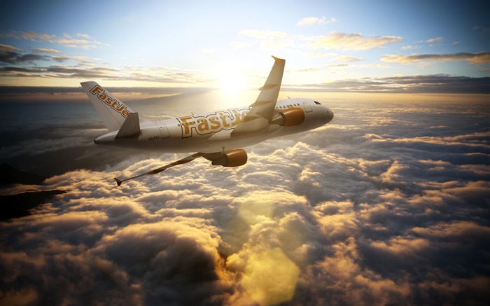 Avions AIRBUS A300, ciel, nuages, les rayons du soleil Fonds d'écran, image