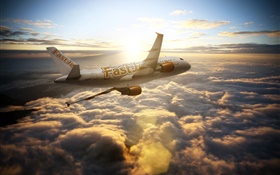 Avions AIRBUS A300, ciel, nuages, les rayons du soleil HD Fonds d'écran