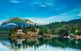 Paysages de l'Alaska, montagne, lac, arbres, village, réflexion de l'eau HD Fonds d'écran