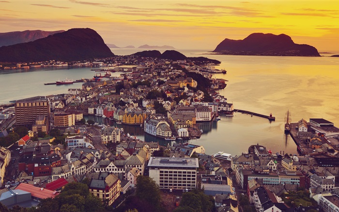 Alesund, Norvège, ville, maisons, coucher de soleil, côte Fonds d'écran, image