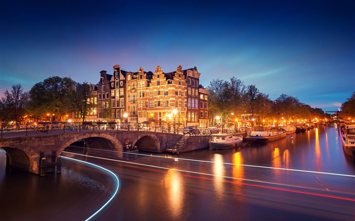Amsterdam, Nederland, la nuit, des maisons, pont, rivière, lumières, bateaux Fonds d'écran, image