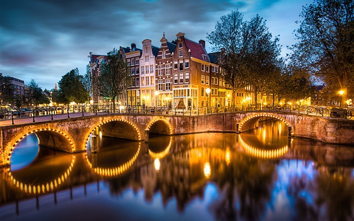 Amsterdam, Nederland, nuit, lumières, rivière, pont, maisons Fonds d'écran, image