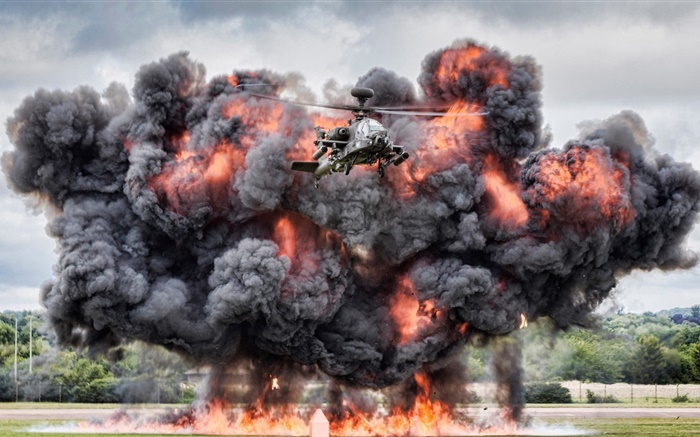 Hélicoptère Apache AH-64, combat, explosion Fonds d'écran, image