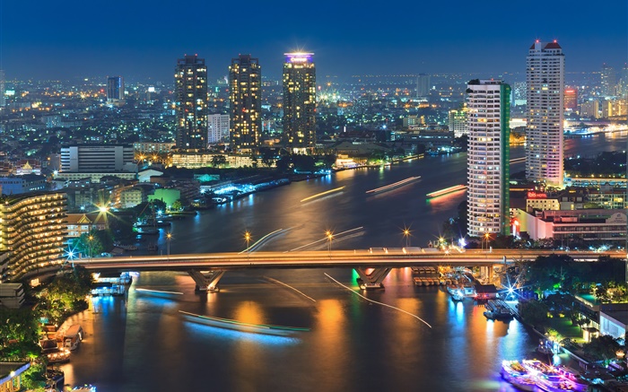 Bangkok, Thaïlande, bâtiments, rivière, pont, la nuit, les lumières Fonds d'écran, image