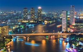 Bangkok, Thaïlande, bâtiments, rivière, pont, la nuit, les lumières HD Fonds d'écran