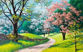 Belle peinture, au printemps, de la route, des arbres, de l'herbe, des fleurs