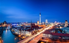 Berlin, Allemagne, Alexanderplatz, le soir, les bâtiments, les lumières HD Fonds d'écran