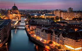 Berlin, Allemagne, ville de nuit, les lumières, maisons, rivière HD Fonds d'écran