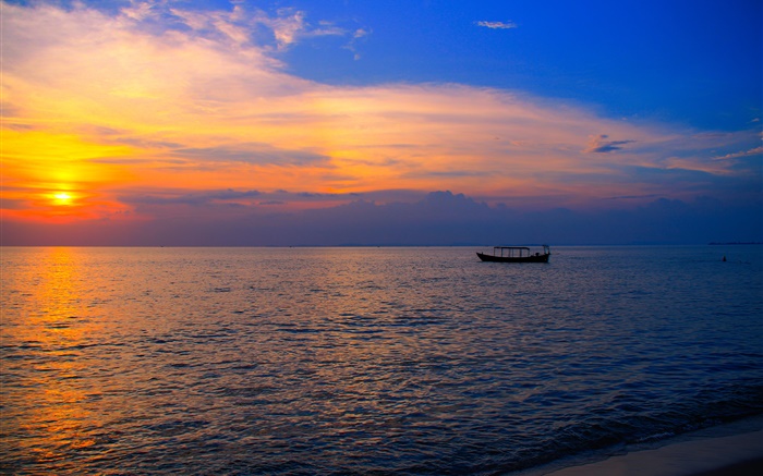 Cambodge, Asie, plage, mer, bateau, coucher de soleil Fonds d'écran, image