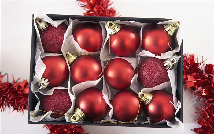 Décoration de Noël, une boîte de boules de Noël rouges Fonds d'écran, image