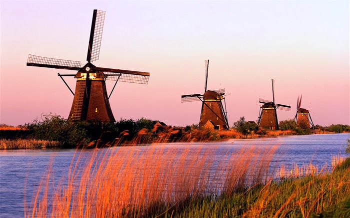 Paysages hollandais, moulins à vent, les rivières, soirée Fonds d'écran, image
