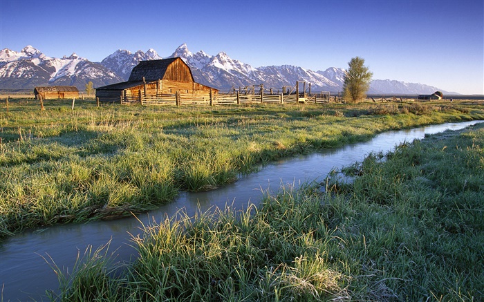 Grand Teton National Park, Wyoming, Etats-Unis, rivière, maison, herbe Fonds d'écran, image