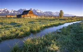 Grand Teton National Park, Wyoming, Etats-Unis, rivière, maison, herbe HD Fonds d'écran