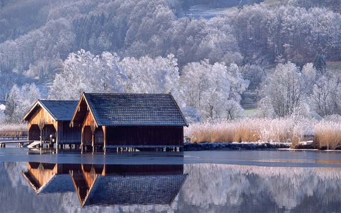 Maisons, rivière, arbres, hiver, Allemagne Fonds d'écran, image