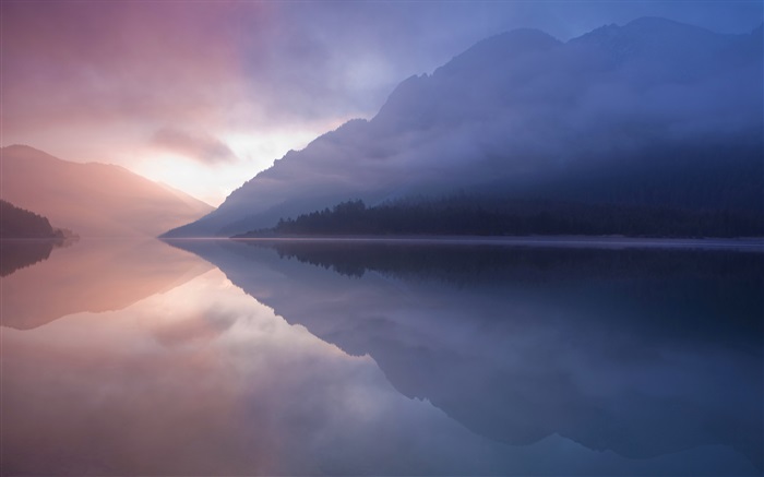 Lac, montagne, brouillard, réflexion de l'eau Fonds d'écran, image