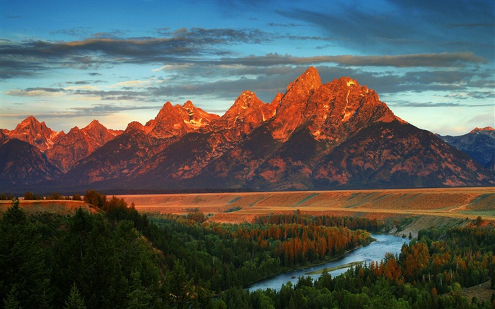 Montagnes, forêt, rivière, automne, Amérique, Wyoming Fonds d'écran, image