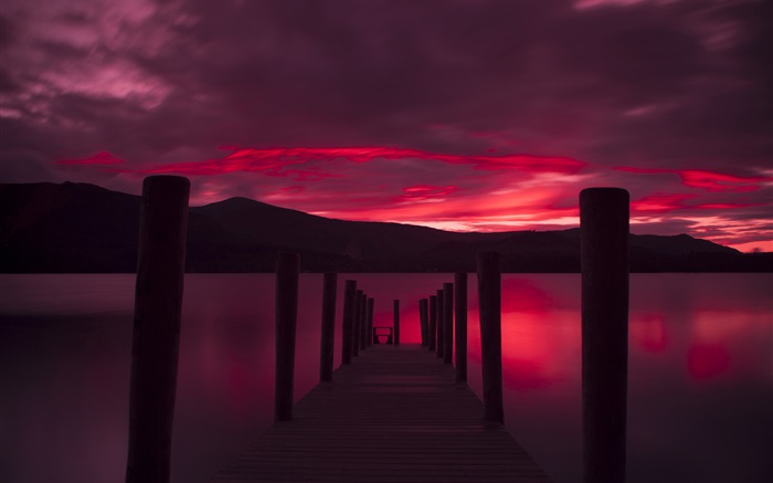 Pier, coucher de soleil, lac, ciel rouge Fonds d'écran, image