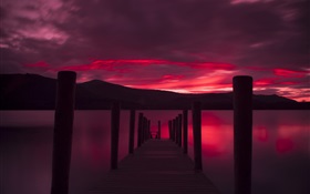 Pier, coucher de soleil, lac, ciel rouge