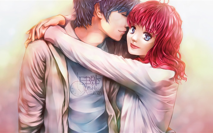 Rouge anime girl cheveux avec son petit ami Fonds d'écran, image