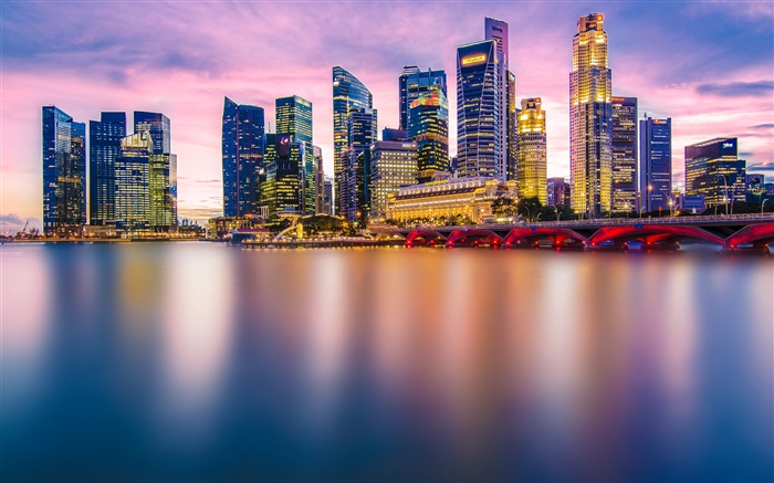 Singapour, le soir de la ville, les lumières, gratte-ciel, la baie Fonds d'écran, image