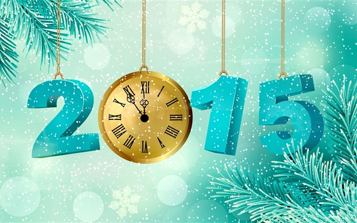 Flocon de neige, horloge, brindilles de pin, du Nouvel An 2015 Fonds d'écran, image