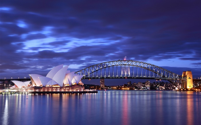 Opéra de Sydney, en Australie, la nuit, le pont, les lumières, la mer, bleu Fonds d'écran, image