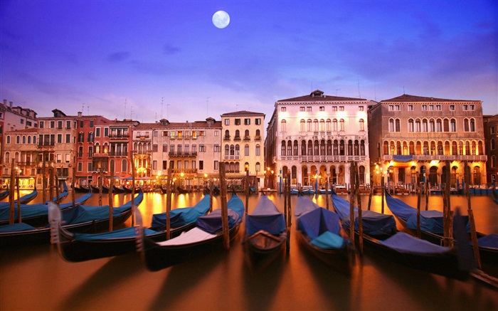 Nuit vénitienne, bateau, maison, rivière, lumières, lune Fonds d'écran, image