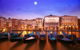 Nuit vénitienne, bateau, maison, rivière, lumières, lune