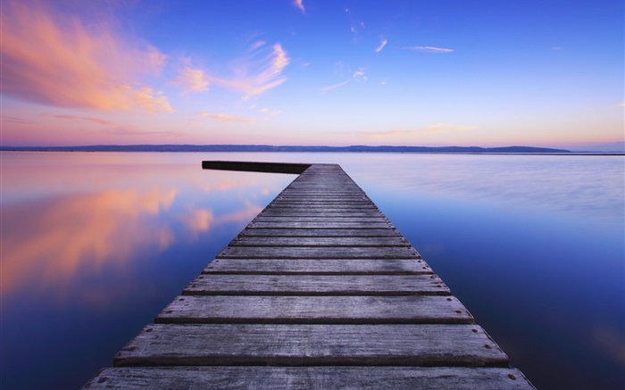 Pont de bois, lac, aube, ciel bleu Fonds d'écran, image