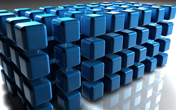 Cube bleu 3D, plancher réflexion Fonds d'écran, image