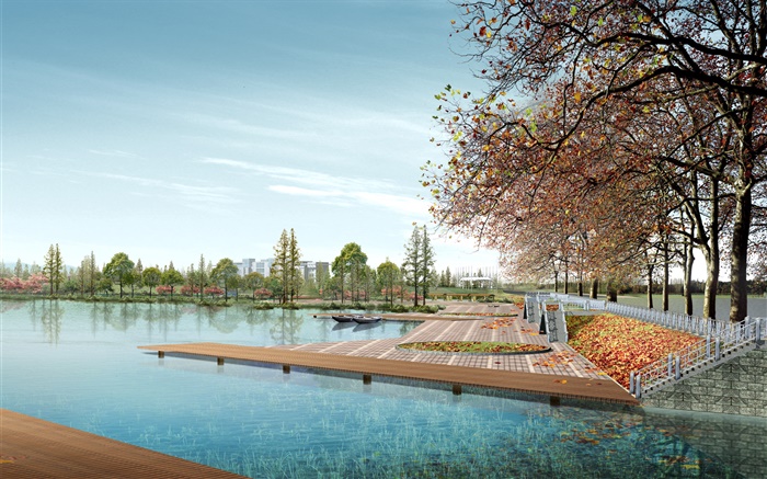 La conception 3D, parcs de la ville, arbres, lac Fonds d'écran, image