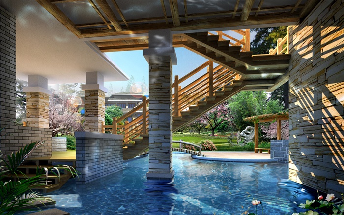 La conception 3D, voir les détails villa, piscine Fonds d'écran, image
