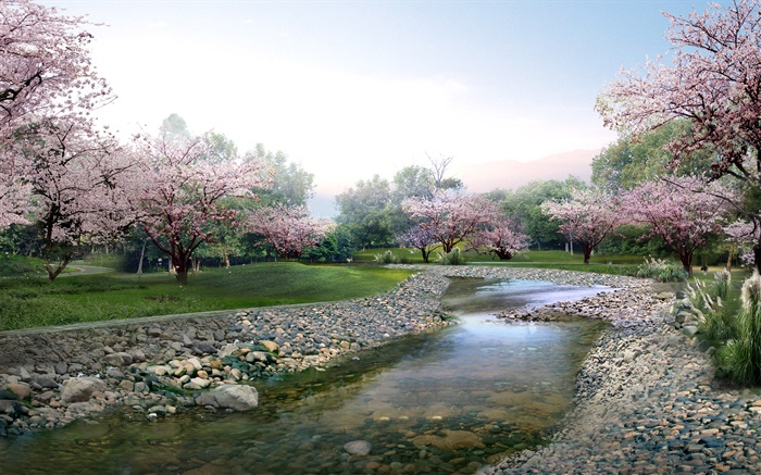 La conception 3D, parc de printemps, des fleurs en pleine floraison, ruisseau Fonds d'écran, image