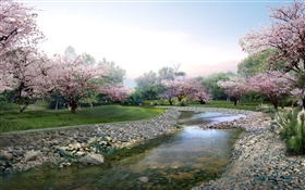 La conception 3D, parc de printemps, des fleurs en pleine floraison, ruisseau
