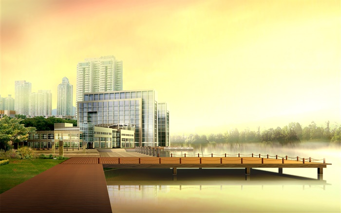 La conception 3D, urbaines immeubles de grande hauteur, rivière, quai Fonds d'écran, image