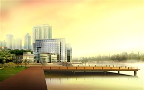 La conception 3D, urbaines immeubles de grande hauteur, rivière, quai