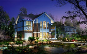La conception 3D, villas nuit, l'éclairage, les étangs, les arbres HD Fonds d'écran