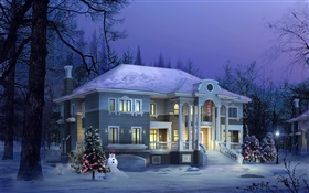 La conception 3D, maison d'hiver, la neige, la nuit