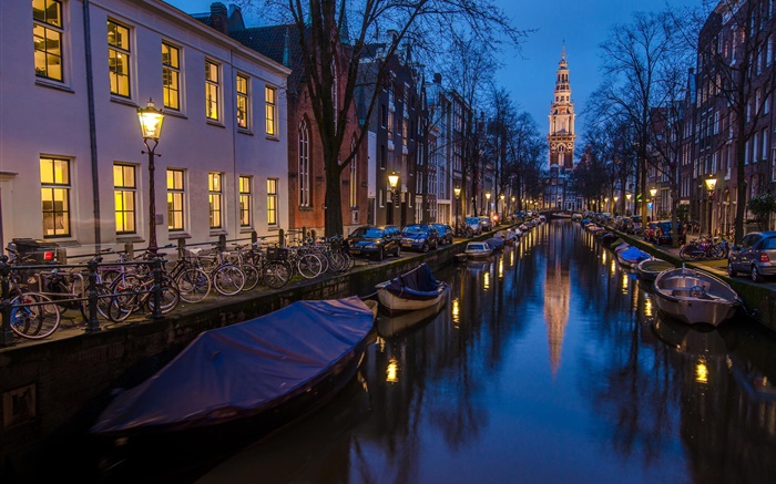 Amsterdam, Hollande, la nuit, des maisons, rivière, bateaux, lumières Fonds d'écran, image