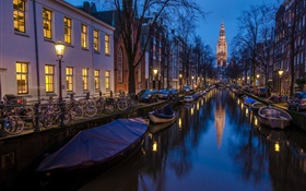 Amsterdam, Hollande, la nuit, des maisons, rivière, bateaux, lumières HD Fonds d'écran