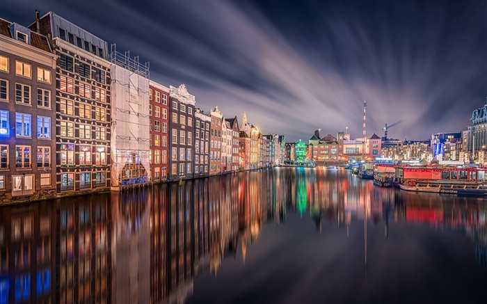 Amsterdam, nuit, lumières, maison, rivière, réflexion Fonds d'écran, image