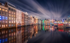 Amsterdam, nuit, lumières, maison, rivière, réflexion