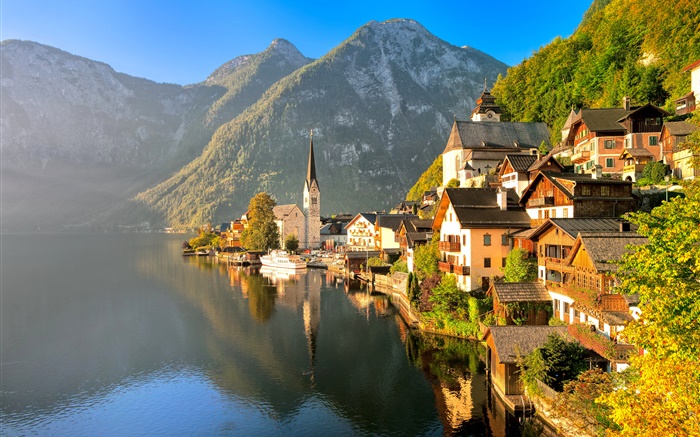 Autriche, Hallstatt, Salzkammergut, maison, lac, les montagnes, les rayons du soleil Fonds d'écran, image