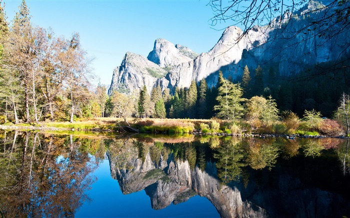 Automne, arbres, lac, réflexion de l'eau, montagne, le soleil Fonds d'écran, image