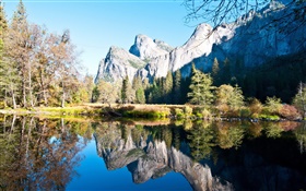 Automne, arbres, lac, réflexion de l'eau, montagne, le soleil HD Fonds d'écran