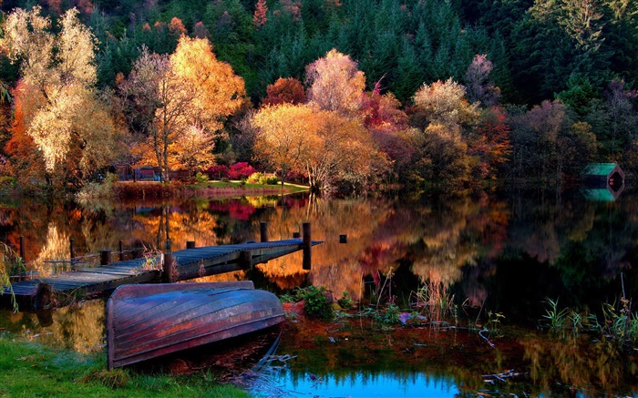 Automne, arbres, quai, bateau, lac, réflexion de l'eau Fonds d'écran, image